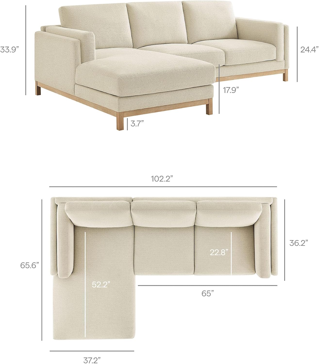 Modway Roscoe Left-Facing Sectional Sofa with Chaise in Ivory - 2-Piece Mélange Chenille Fabric Deep Seat Couch, L Shaped Modular for Living Room or Lounge