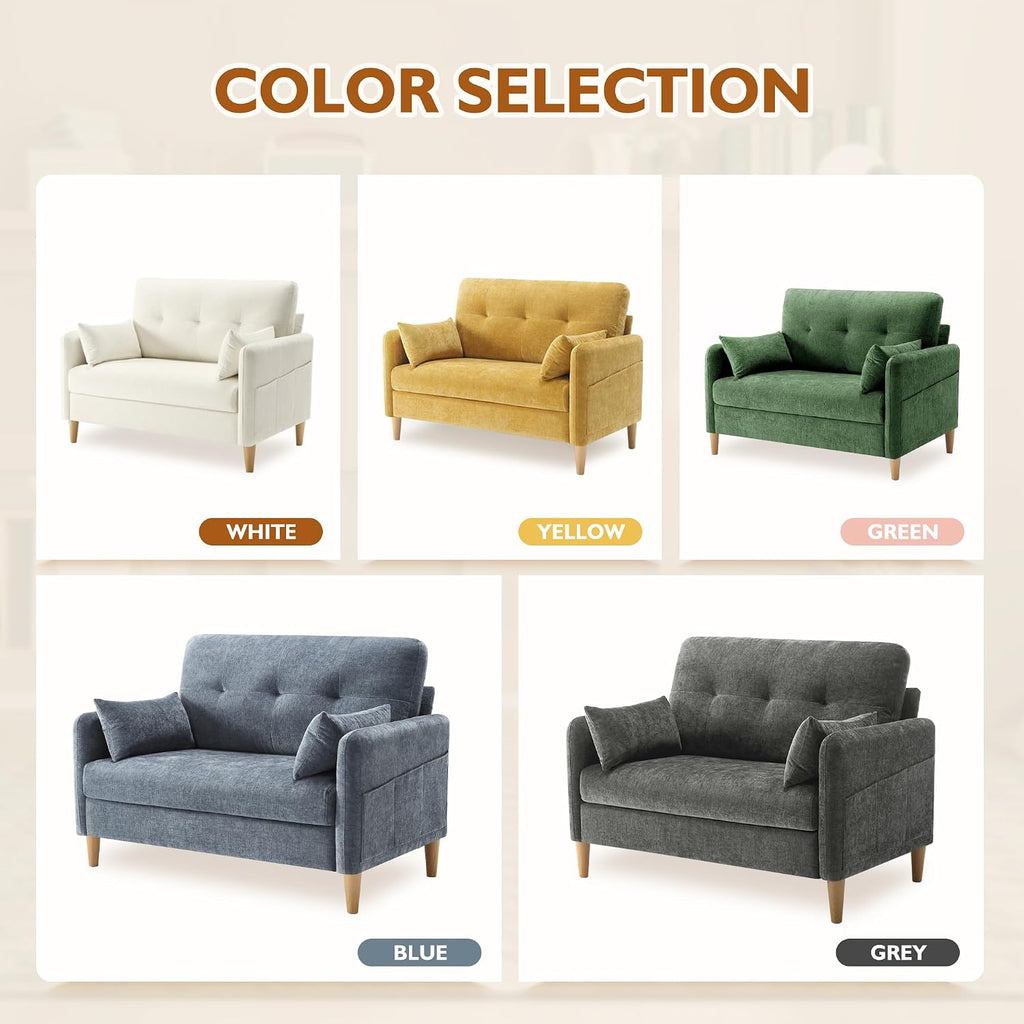 Urhanherry 47' Small Sofa Couch for Bedroom, Soft Chenille loveseat Mini Couch with Throw Pillow and Removable Cushion Cover for Small Spaces, Living Room, Apartment, Dorm, Office(Green)