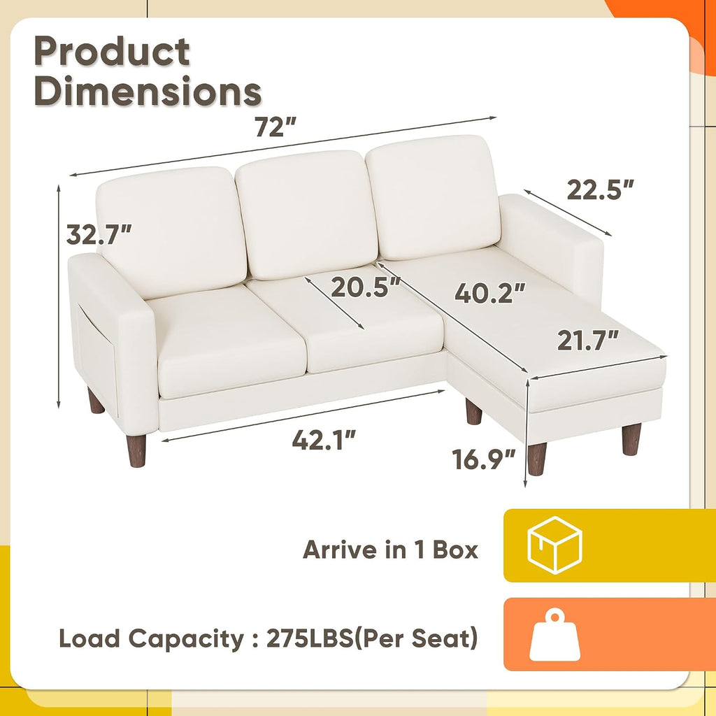 YESHOMY Couches for Living Room, Sofa with Movable Ottoman, Small Couch with Reversible Chaise and Side Pockets, L Shaped Couch for Small Space, Apartment (Linen Fabric, Beige)