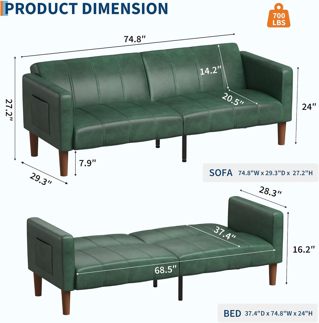 GarveeHome Futon Sofa Bed, 75-Inch Modern Faux Leather Convertible Couch, Mid-Century Loveseat for Small Space, Living Room, Bedroom, Green