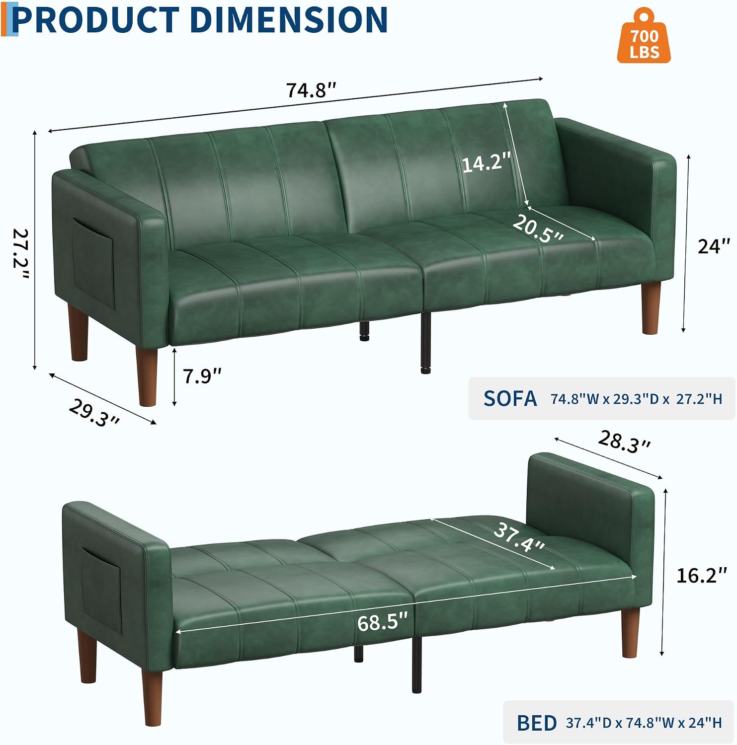 GarveeHome Futon Sofa Bed, 75-Inch Modern Faux Leather Convertible Couch, Mid-Century Loveseat for Small Space, Living Room, Bedroom, Green