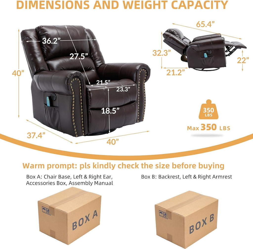 Manual Massage Recliner with Heating Function, 360° Swivel Glider Rocking Recliner Chair for Living Room, Ergonomic Single Sofa Chair with Remote Control/USB Ports/Side Pockets(Dark Brown)