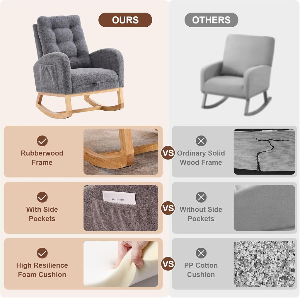 Nursery Rocking Chair,Rubber Wood Base Glider Rocking Chair with Adjustable Footrest and Side Pocket,Teddy Fleece Glider Rocker for Living Room, Bedroom (Teddy Fleece, Dark Gray)
