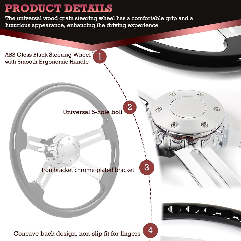 18 Inch Solid Wood Lacquering Truck Steering Wheel 450mm,4 Chrome Spokes,5 Bolt Pattern,Replacement for Kenworth for Peterbilt Semi Trailer for Volvo for Freightliner Steering Wheel