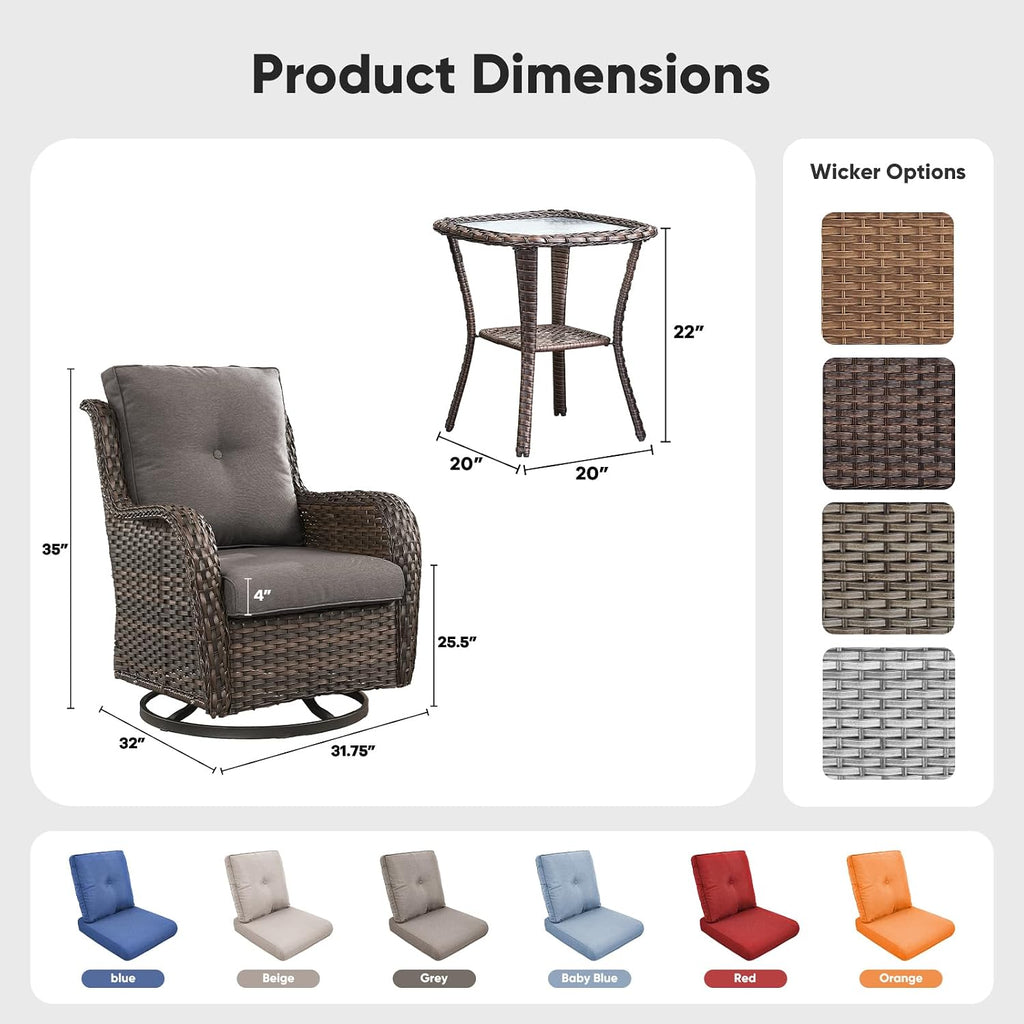 Belord Patio Wicker Chairs Swivel Rocker,Outdoor Patio Furniture Set with Rattan Side Table, All Weather Conversation Set for Porch Poolside Balcony, Brown Wicker/Gray