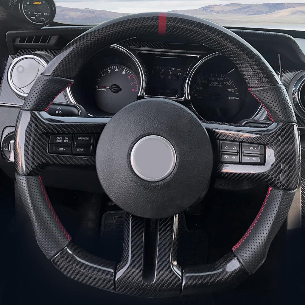 Compatible with 2010-2014 Ford Mustang, Steering Wheel with Red Stitching & Indicator, Black Carbon Fiber & Perforated Leather Steering Wheel Brushed Kit by IKON MOTORSPORTS