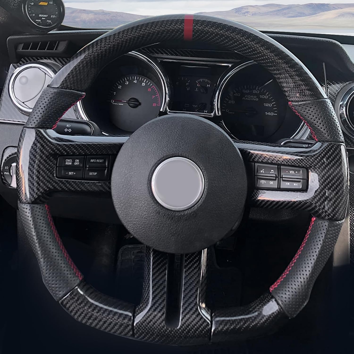 Compatible with 2010-2014 Ford Mustang, Steering Wheel with Red Stitching & Indicator, Black Carbon Fiber & Perforated Leather Steering Wheel Brushed Kit by IKON MOTORSPORTS