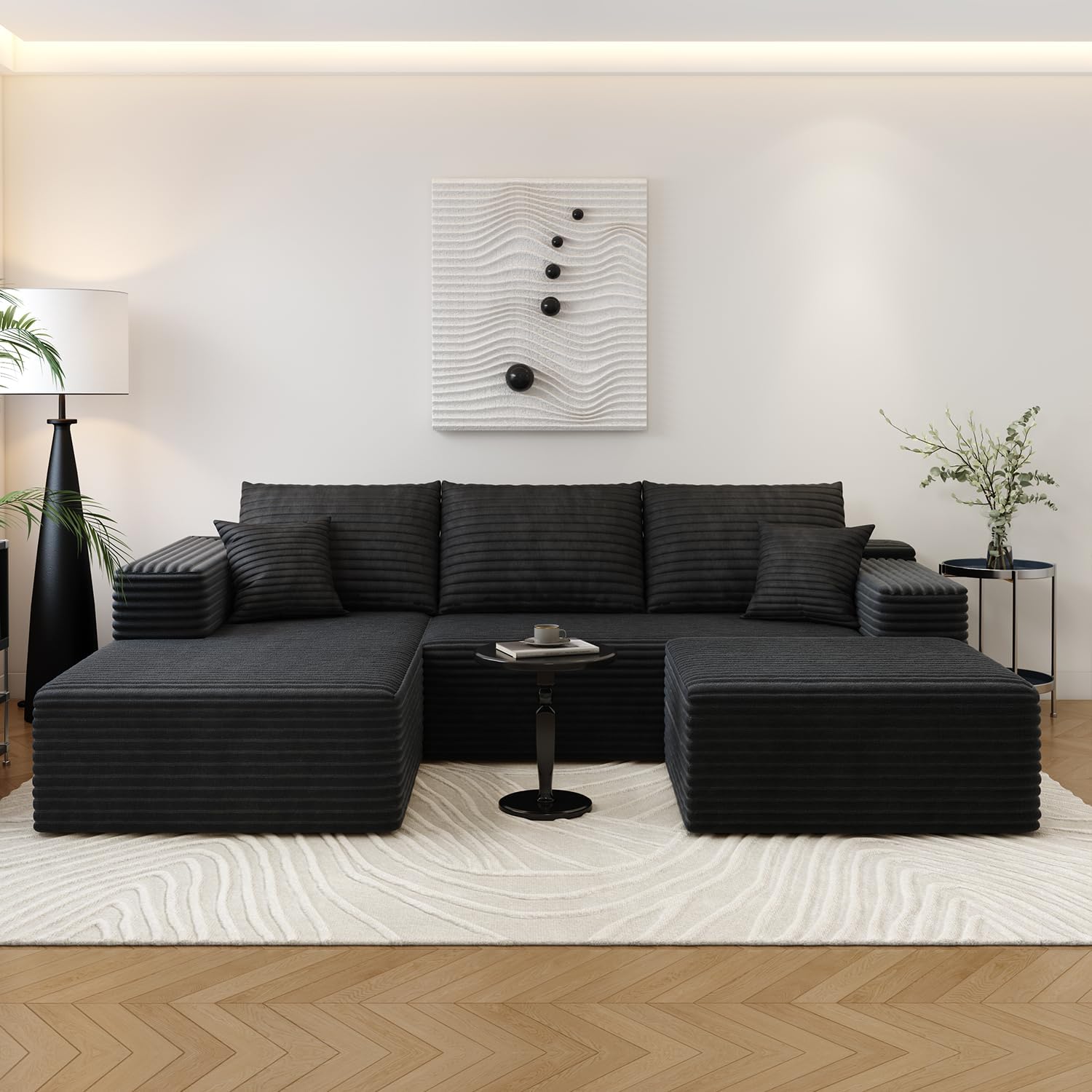 107.5' Cloud Sectional Couch with 1 Ottoman,Modern Modular Sofa with Deep Seat, Comfort U Shaped Sofa Couches for Living Room Bedroom Apartments,No Assembly Required, (Black,Left Facing Chaise)