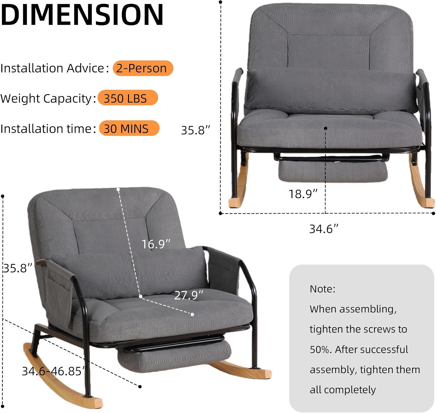 Oversized Rocking Chair, Extra-Wide Glider Patio Rocker Chairs with Foot Rest, Padded Cushion, Adjustable Backrest, Mental Wooden Farm, Indoor/Outdoor Living Room Bedroom Balcony Porch, Grey