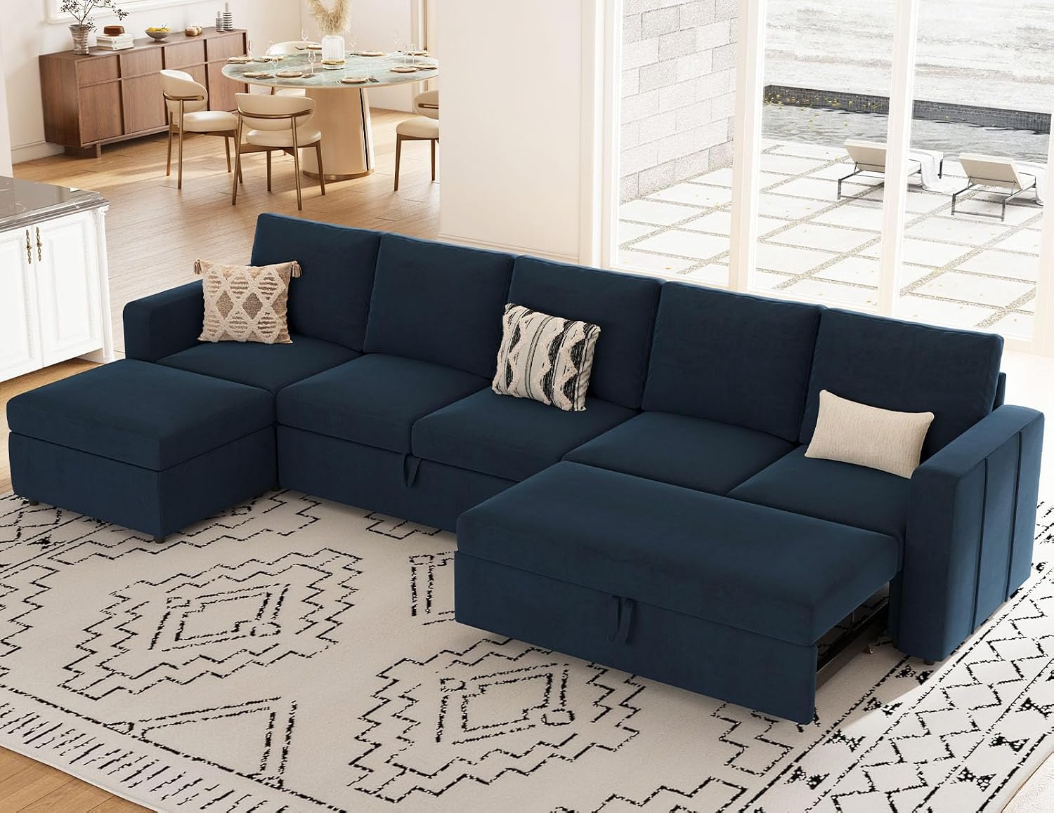 Belffin Modular Sectional Sofa with Sleeper Sofa Couch Pullout Bed, 133' L Shaped Sleeper Sectional Couch with Storage Seat for Living Room, Blue