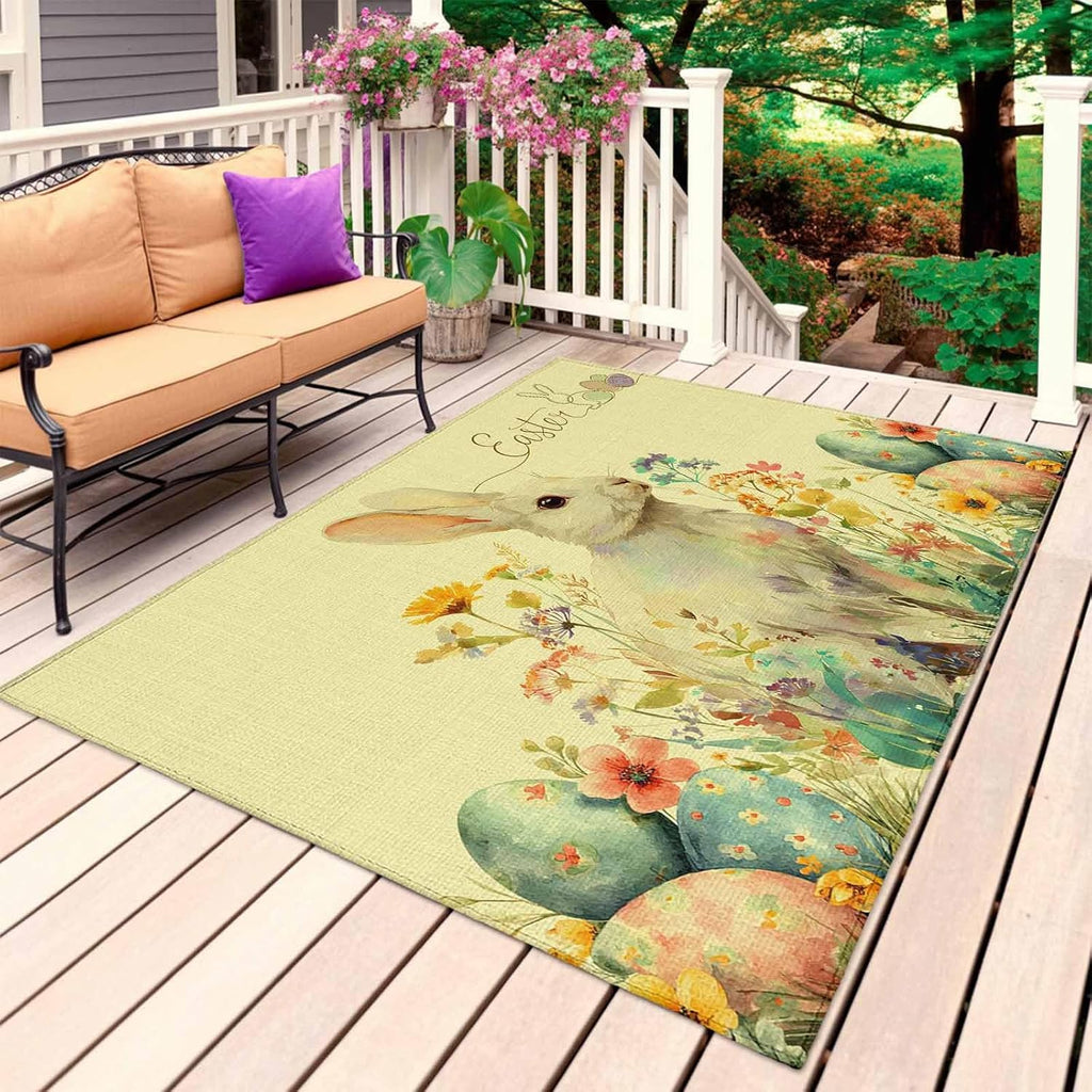 Easter Bunny Outdoor Rug for Patio/Deck/Porch, Non-Slip Large Area Rug 5 x 7 Ft, Yellow Rabbit Spring Flowers Leaves Rustic Plants Indoor Outdoor Rugs Washable Area Rugs, Camping Rug Carpet Runner