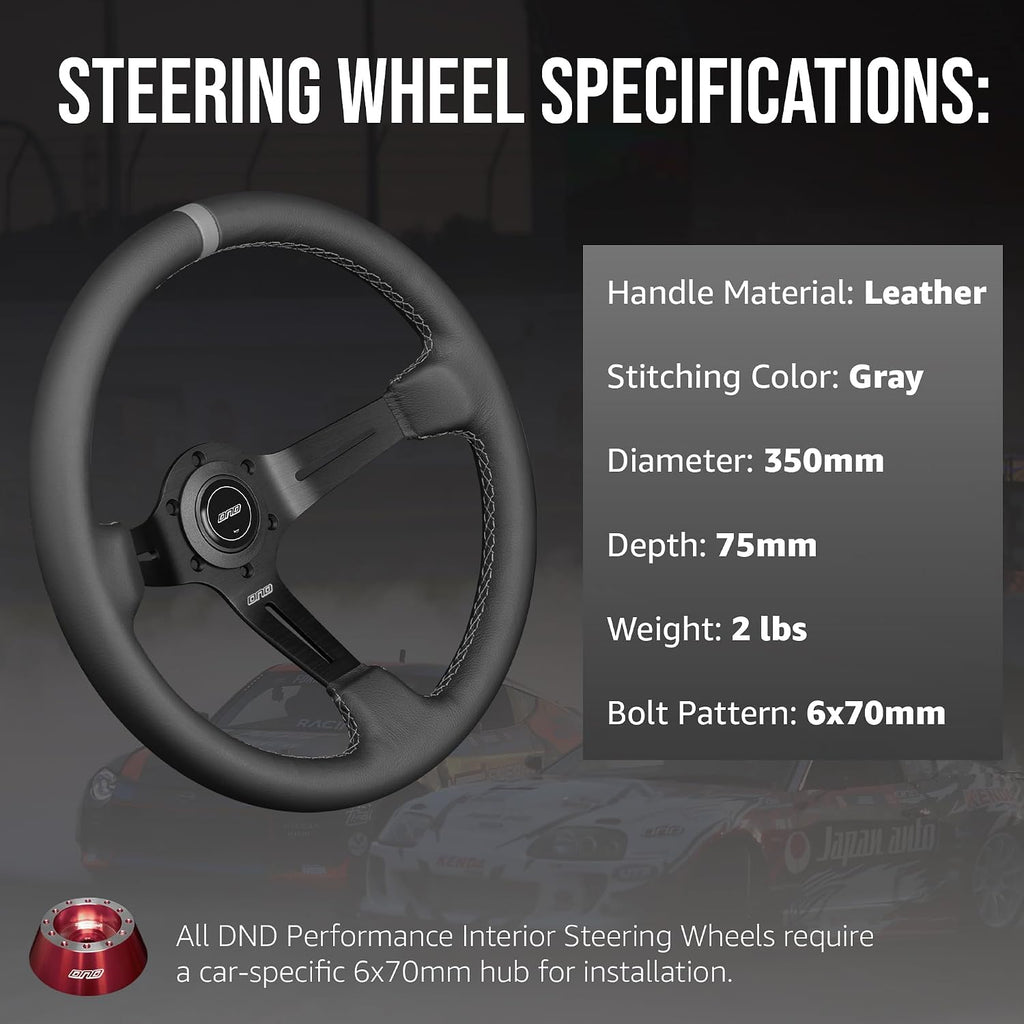 DND Performance Interior's Leather Race Steering Wheel / 350mm Diameter and 75mm Depth / 6x70mm Bolt Pattern/DND Leather Steering Wheel with Horn Button Included (Colored Stitching) (Gray)