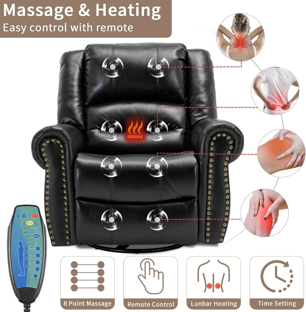 Manual Massage Swivel Rocker Recliner with Heat and Vibration, 360° Swivel Glider Rocking Recliner Chair, Classic Living Room Lounge Recliners with Side Pockets & USB Ports, Black