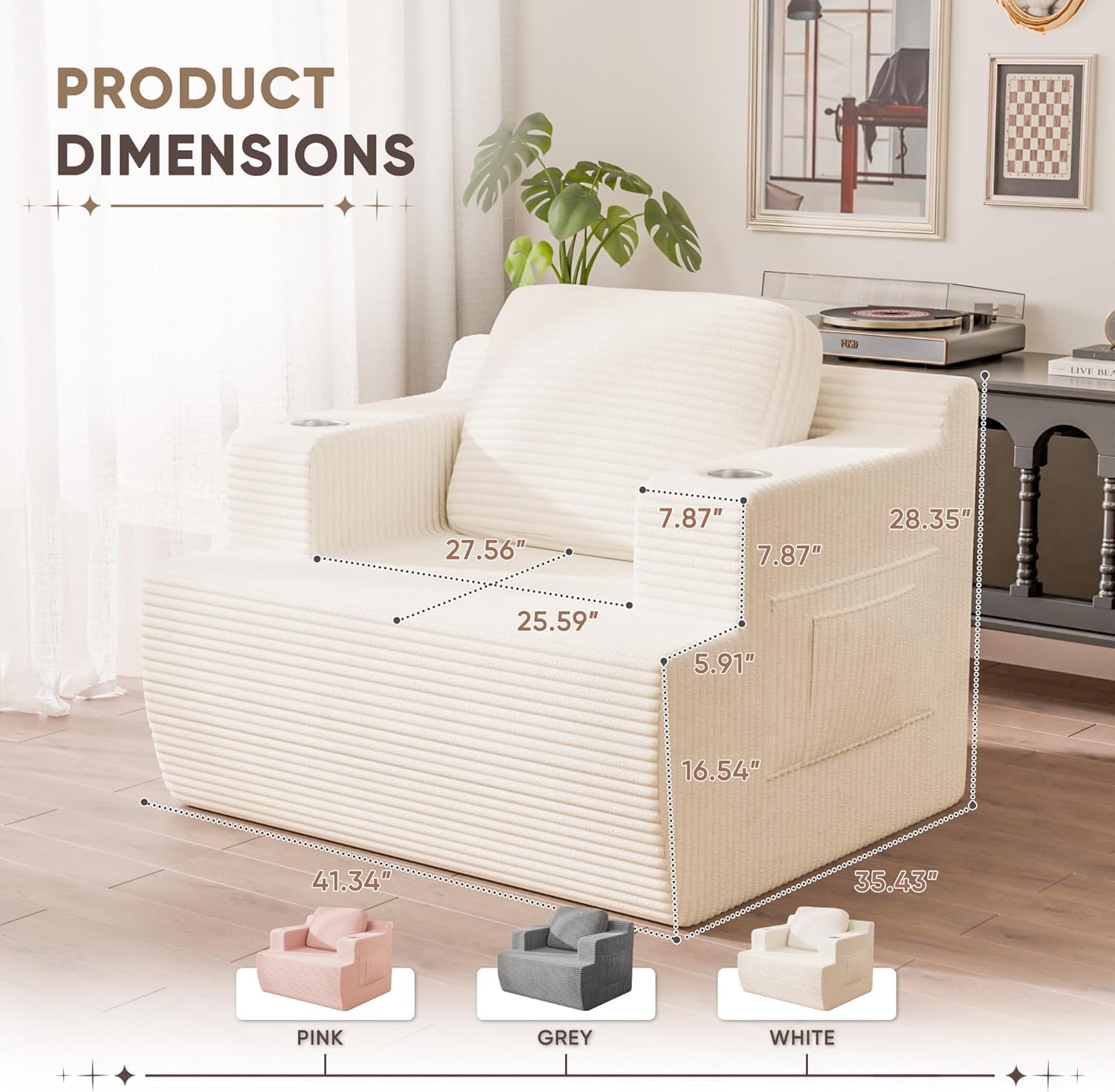 Homall 42' Single Sofa Foam Couch for Small Spaces Upholstered Floor Sofa with Cup Holder & Storage Pocket Boneless Couch for Bedroom Living Room (White, Single)