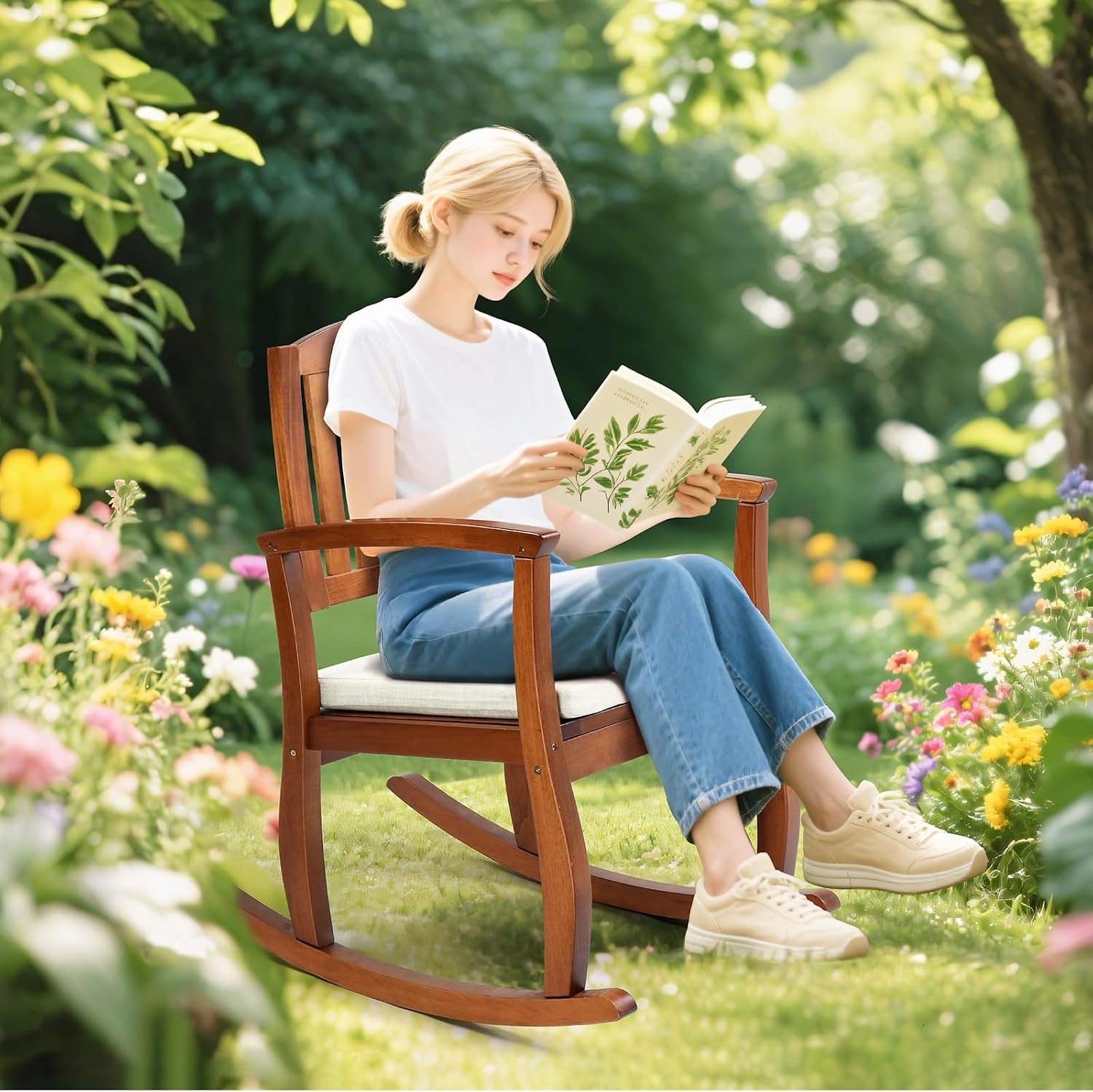 VINGLI Patio Rocking Chair with Cushion, Wood Rocking Bench with Comfortable Backrest, Outdoor Wooden Rocker Support 450 LBS for Indoors & Outdoors, Teak(2 PCS)