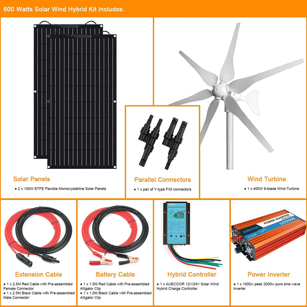 600 Watts 12 Volts Solar Panel Wind Turbine Hybrid System Kit: 2 pcs 100W ETFE Flexible Monocrystalline Solar Panel+400W Wind Turbine+1000W Inverter + Accessories,for Curvy Surface,Roofs,RV