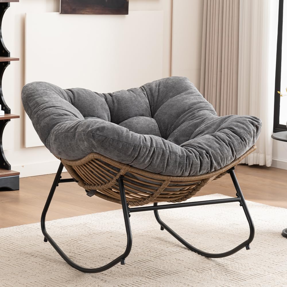 Outdoor Papasan Chair, Oversized Rocking Chair with Cushion and Metal Frame, Patio Lounge Rocking Chair for Balcony Backyard Porch Bedroom Living Room (Grey)