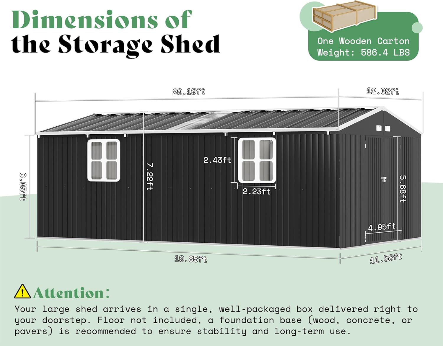 VanAcc 12x20x7.2 FT Outdoor Storage Shed with 2 Transparent Panels, Metal Garden Shed with Hinged Double Doors, Windows & Vents, Reinforced Steel Frame for Backyard Garden, DIY Workshop, Dark Gray