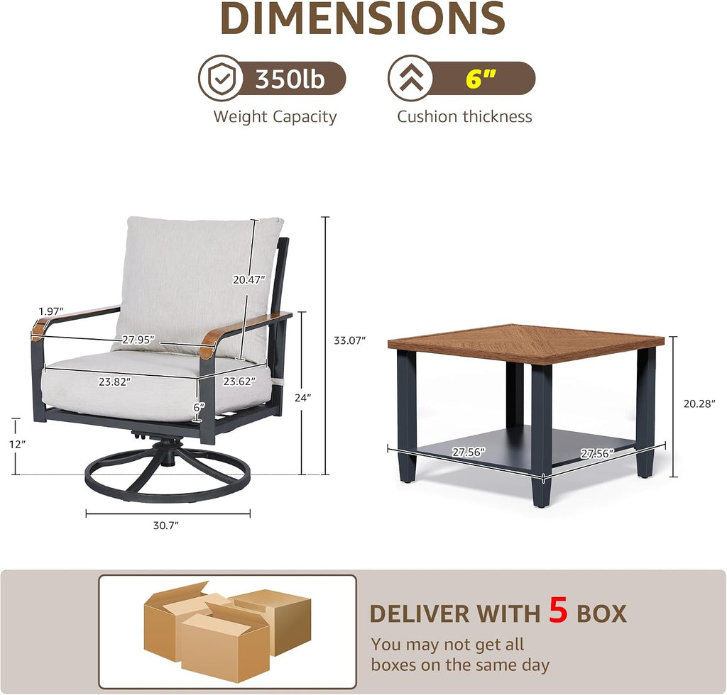 NATURAL EXPRESSIONS 5 Piece Patio Furniture Set, Outdoor Conversation with 4 Pcs Swivel Rocking Chairs and 28' Double-Layer Coffee Table 6' Thick Cushions for Balcony, Backyard, Deck (Light Gray)