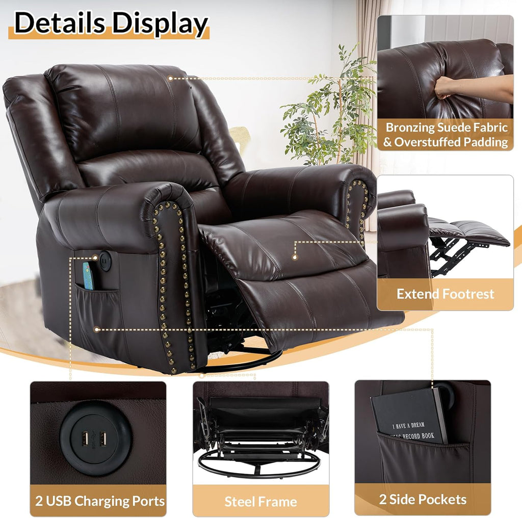 Manual Massage Recliner with Heating Function, 360° Swivel Glider Rocking Recliner Chair for Living Room, Ergonomic Single Sofa Chair with Remote Control/USB Ports/Side Pockets(Dark Brown)