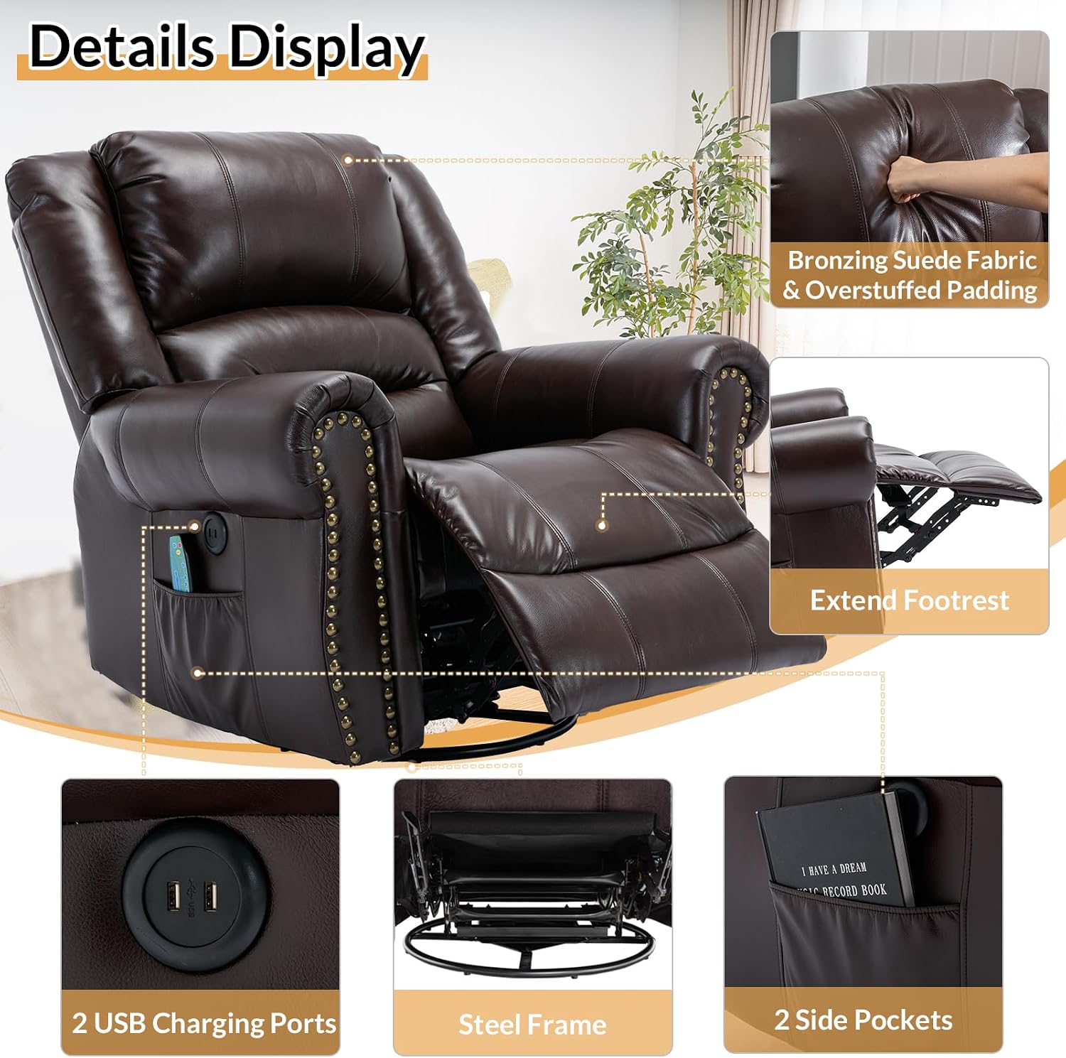 Manual Massage Recliner with Heating Function, 360° Swivel Glider Rocking Recliner Chair for Living Room, Ergonomic Single Sofa Chair with Remote Control/USB Ports/Side Pockets(Dark Brown)