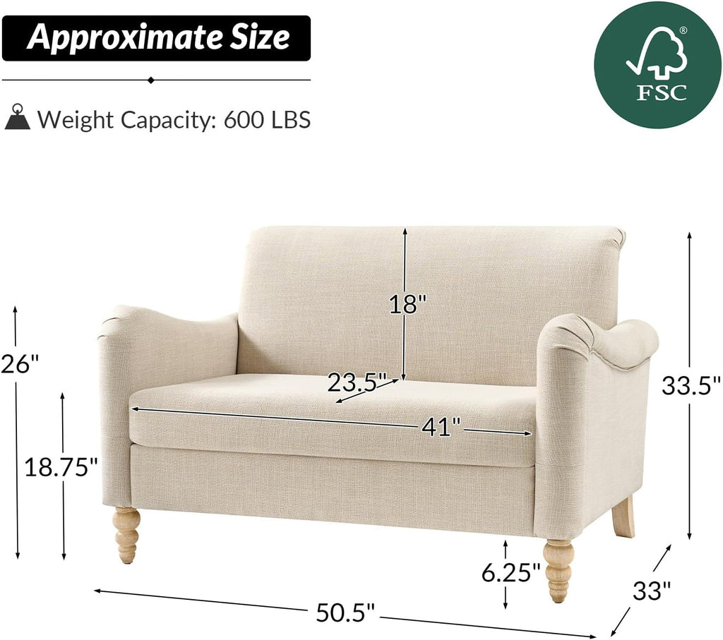 HULALA HOME 50.5' Loveseat Sofa with Solid Wood Spindle Legs, 2 Seater Farmhouse Sofa with Rolled Wide Armrests, Comfy Upholstered Small Couch for Living Room Bedroom, Linen