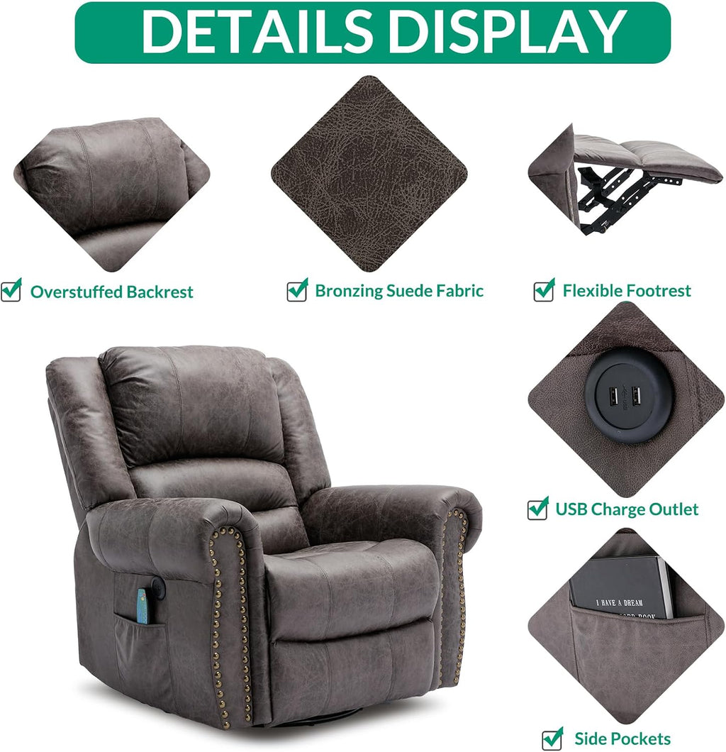 VIVIJASON Massage Swivel Rocker Recliner Chair with Heat & Vibration, 360° Swivel Manual Glider Rocking Reclining Chair with Remote Control, Side Pockets & USB Ports for Living Room, Smoky Gray