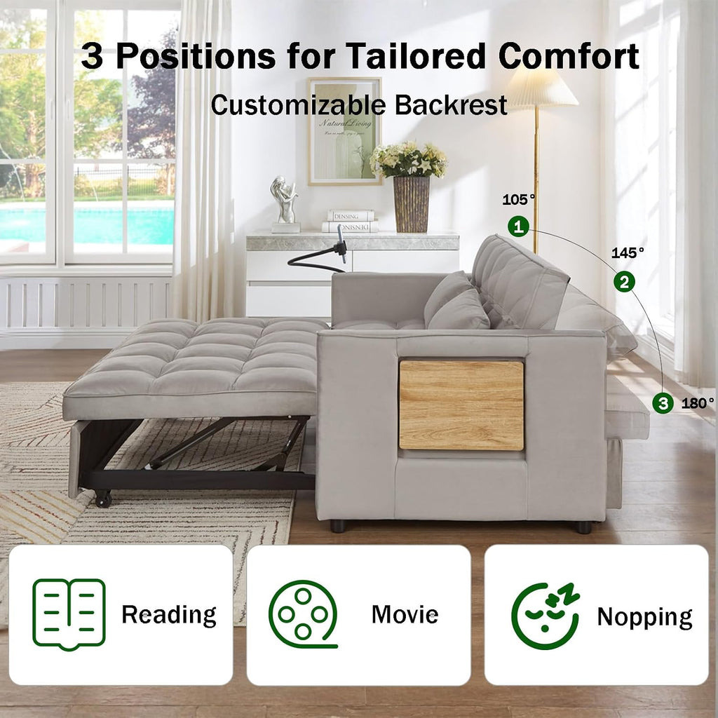 Convertible Sofa Bed, Pull Out Couch with 3-Position Reclining Backrest, Modern Velvet Upholstery Futon Sofa Bed, Loveseat Couch for Living Room, Apartments & Guest Rooms (Grey-L)