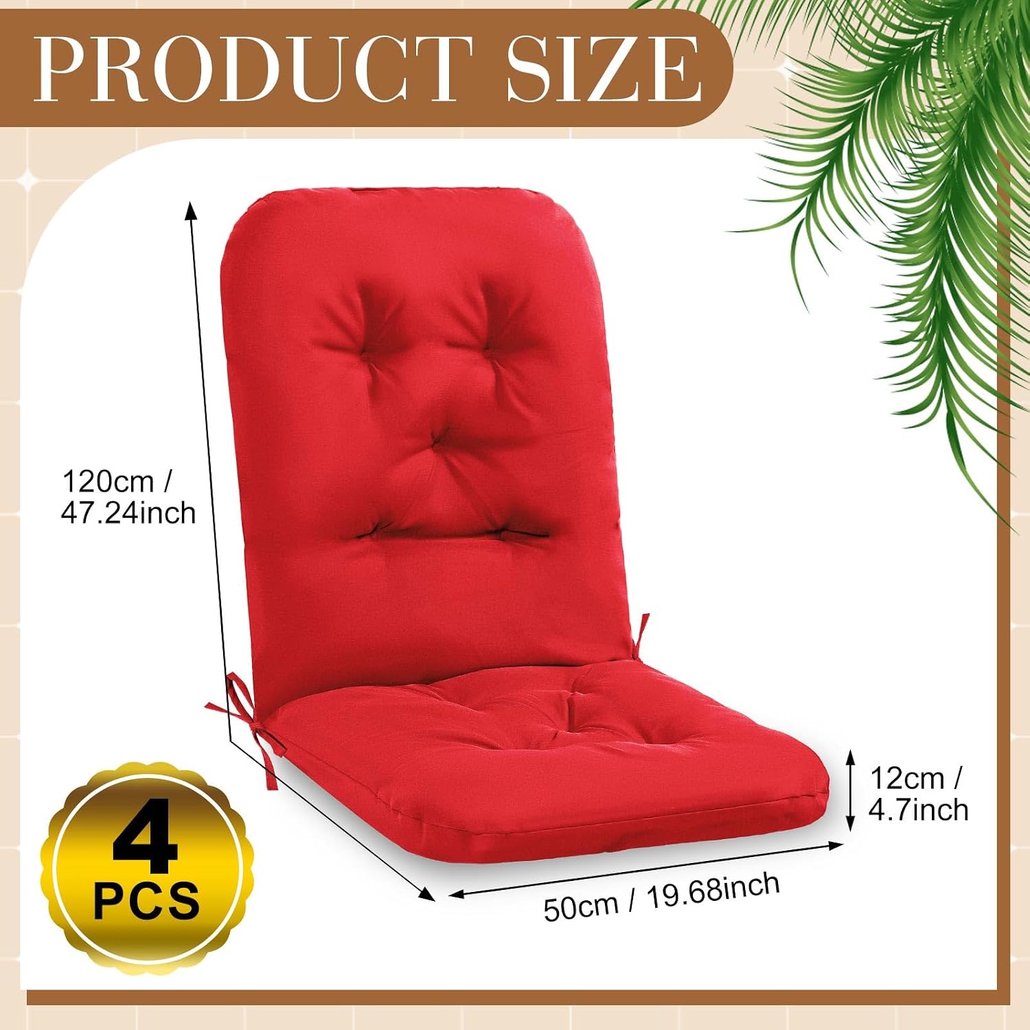 Drydiet 4 Set Outdoor High Back Chair Cushions 47 x 20 Inch Rocking Chair Cushions Waterproof Fade Resistant Comfort Replacement Seat Pads with Ties for Patio Lawn Yard Porch Home Office(Red)