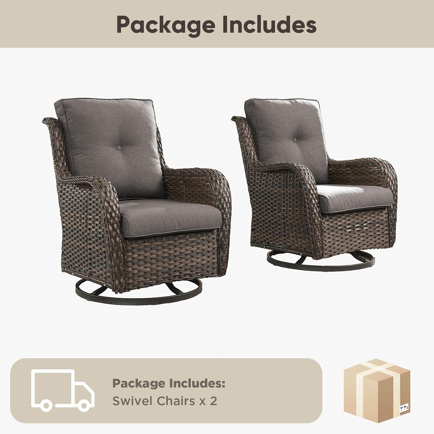 Belord Outdoor Swivel Chairs Set of 2,Patio Wicker Rocker Chairs,All Weather Patio Conversation Furniture Set, Ideal for Porch Balcony Deck Yard, Brown Wicker/Gray