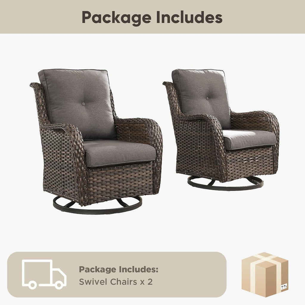 Belord Outdoor Swivel Chairs Set of 2,Patio Wicker Rocker Chairs,All Weather Patio Conversation Furniture Set, Ideal for Porch Balcony Deck Yard, Brown Wicker/Gray