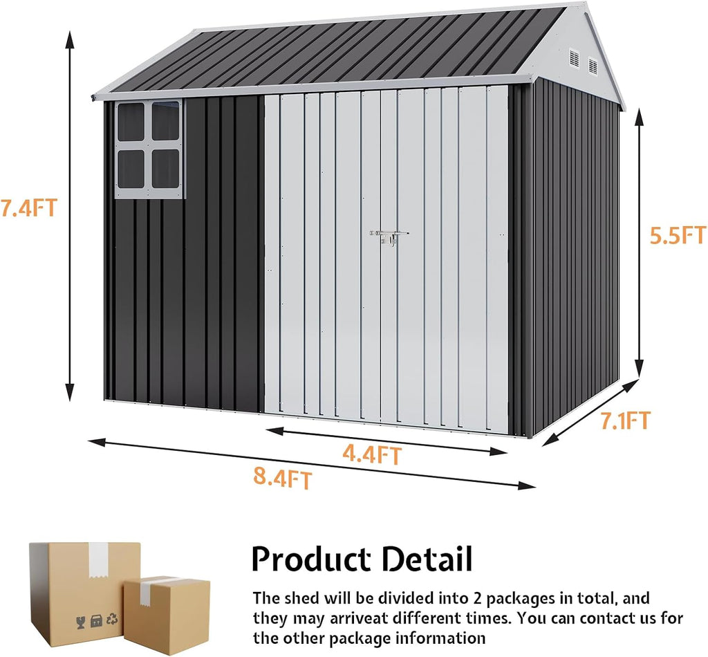 VanAcc 8.5x7.1x7.5 FT Galvanized Steel Outdoor Storage Shed, Lockable Double Hinged Doors and 4 Vents, Metal Shed for Backyard Storage, Dark Black/White