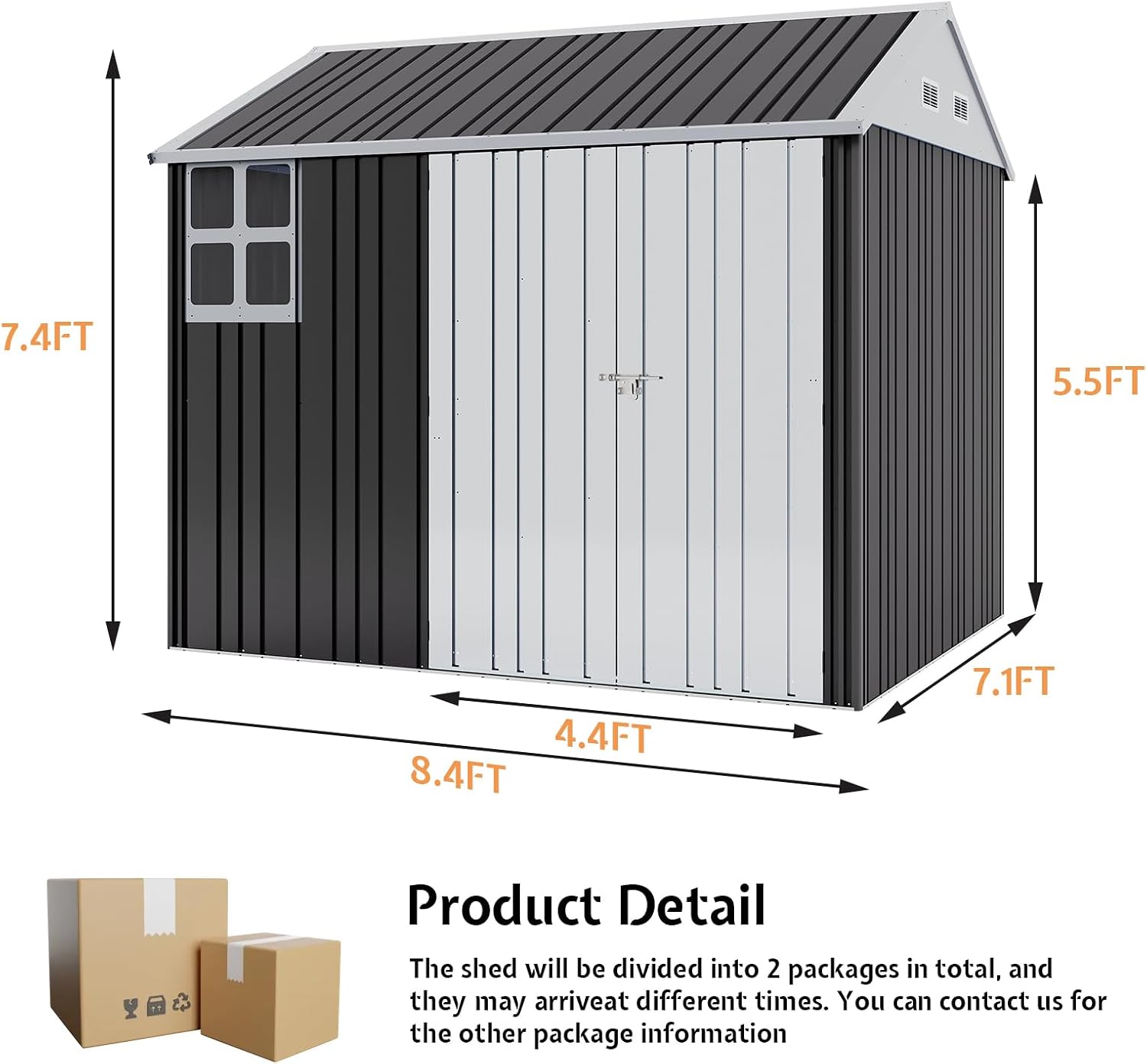 VanAcc 8.5x7.1x7.5 FT Galvanized Steel Outdoor Storage Shed, Lockable Double Hinged Doors and 4 Vents, Metal Shed for Backyard Storage, Dark Black/White