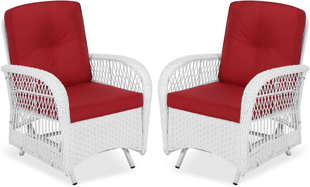 VIVIJASON 2-Piece Outdoor White Wicker Glider Rocking Chair, Patio Rattan Swing Glider Chairs with Cushions & Steel Frame, All-Weather Gliding Lawn Wicker Furniture for Garden Backyard, Red