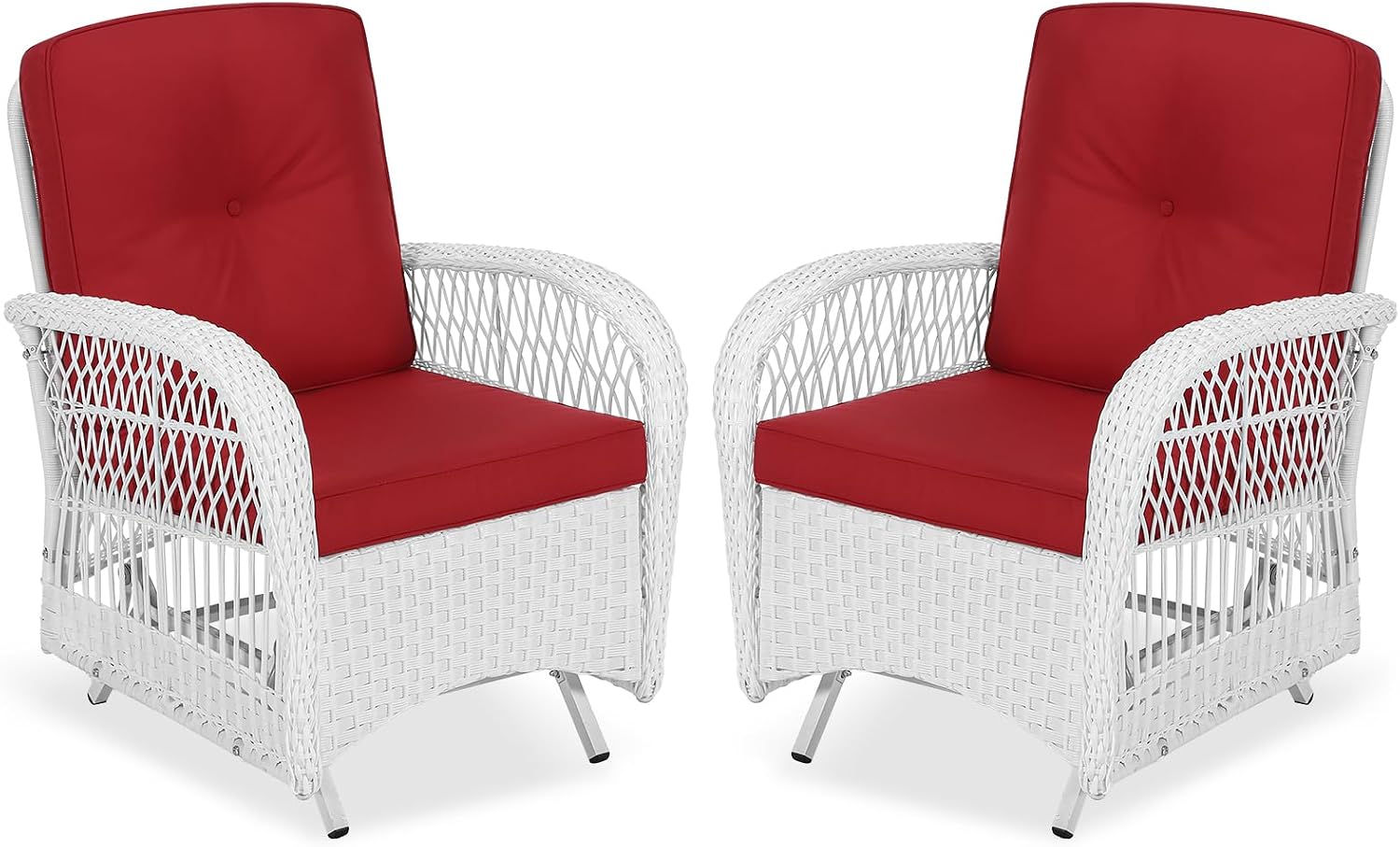 VIVIJASON 2-Piece Outdoor White Wicker Glider Rocking Chair, Patio Rattan Swing Glider Chairs with Cushions & Steel Frame, All-Weather Gliding Lawn Wicker Furniture for Garden Backyard, Red