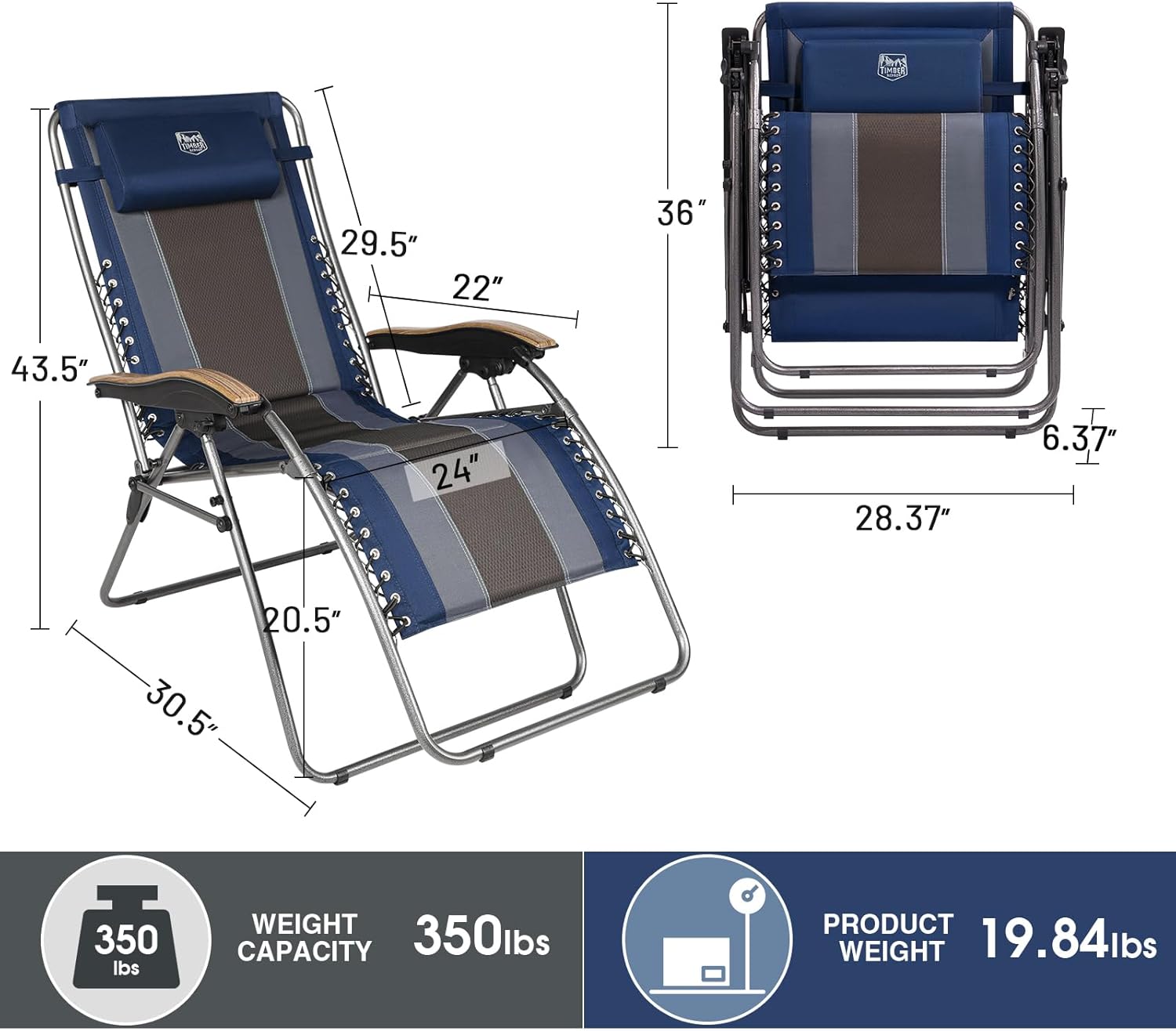 Timber Ridge Oversized Zero Gravity Chair, Padded Reclining Lounge Chair with Adjustable Headrest & Cup Holder, Heavy Duty Support 350 lbs, Foldable for Camping, Lawn, Outdoor & Indoor