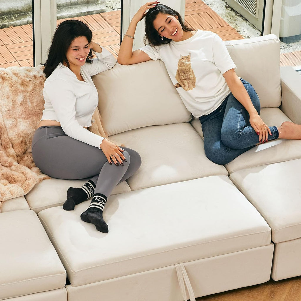Belffin Modular Sectional Sofa with Sleeper Sofa Couch Pullout Bed, Oversized U Shaped Sleeper Sectional Couch with Storage Seat for Living Room, Beige
