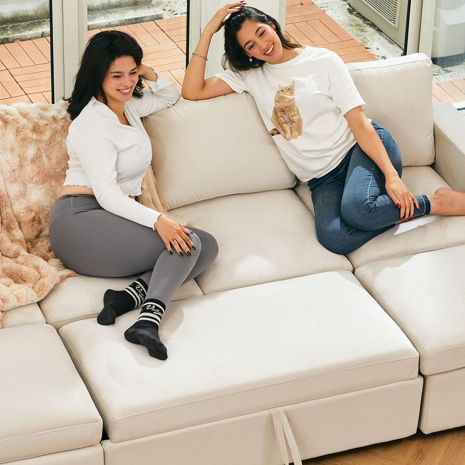 Belffin Modular Sectional Sofa with Sleeper Sofa Couch Pullout Bed, Oversized U Shaped Sleeper Sectional Couch with Storage Seat for Living Room, Beige