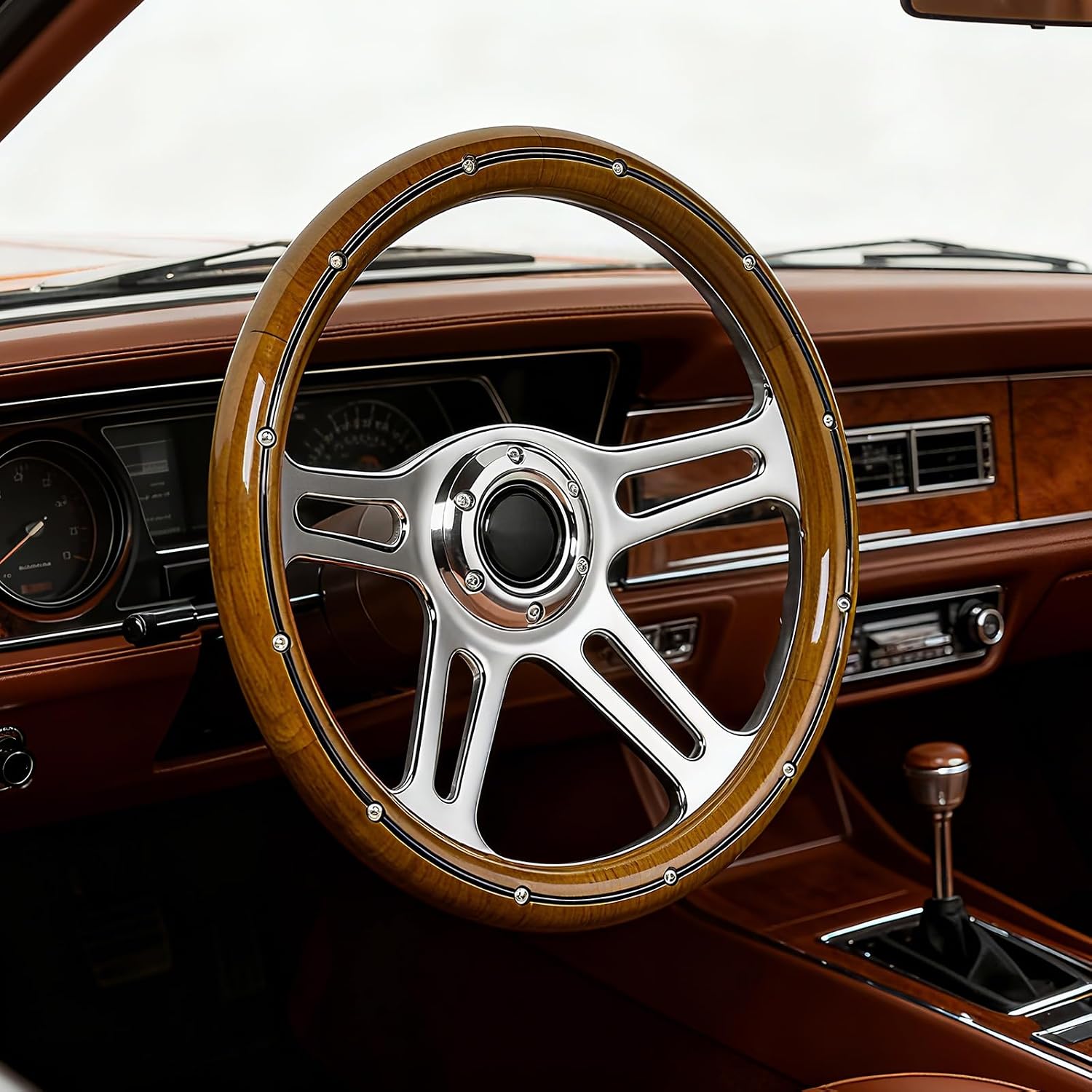14inch Solid Wood Steering Wheel 350mm Deep Dish 70mm, 4-Spoke Chrome-Plated Aluminum Alloy, Universal 6-Bolt Steering Wheel for Classic Cars, Hot Rods, Muscle Car Vintage Car