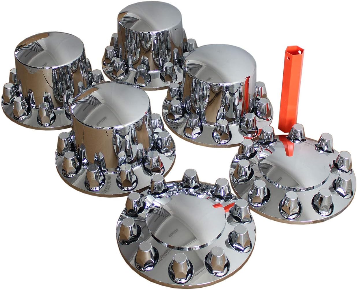 MRJLK Chrome ABS Complete Axle Cover Set with Standard Hub Caps and 33mm Screw-On Lug Nut Covers for Semi Trucks (2 Front and 4 Rear)