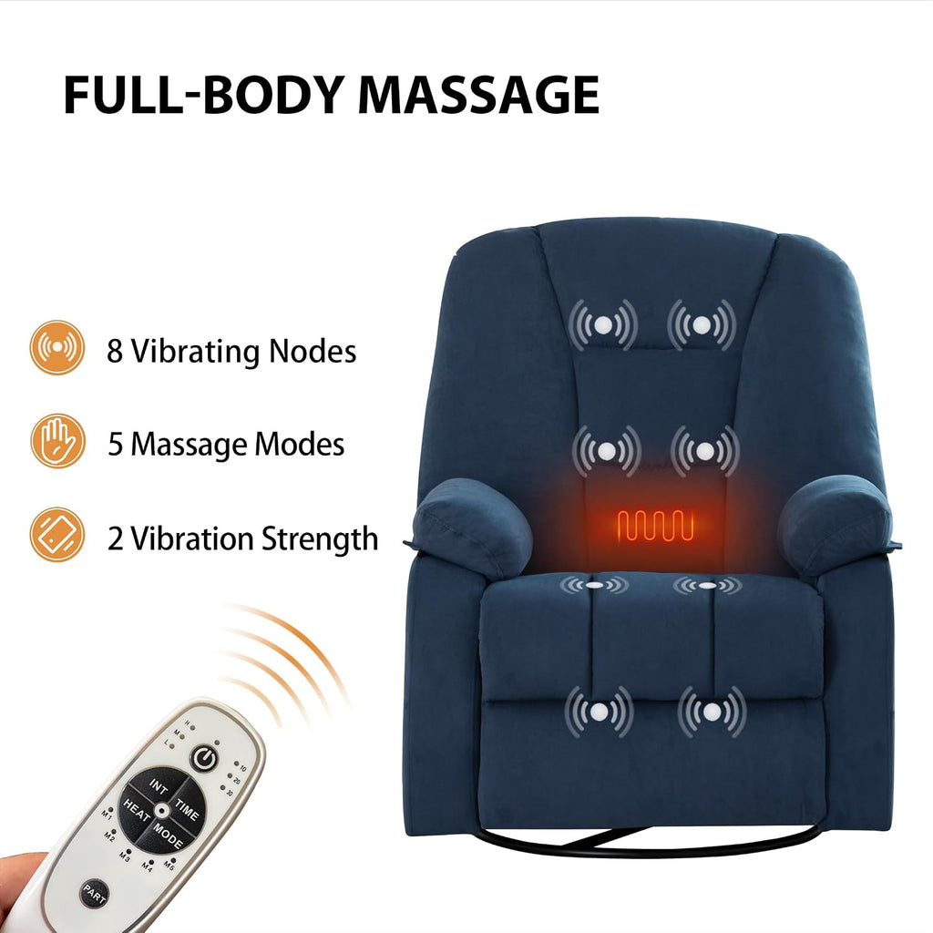 Ketaiyou Power Swivel Rocker Recliner with Massage and Heat, USB and Type-C Port, Infinite Position, Electric Glider Rocking Chairs Living Room, Soft Fabric Reclining Sofa Chair (Velvet Blue)