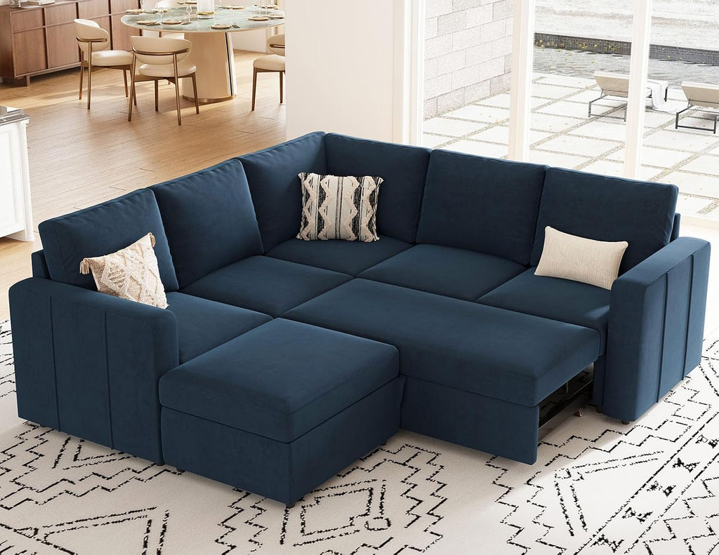 Belffin Modular Sectional Sofa with Sleeper Sofa Couch Pullout Bed, L Shaped 5 Seater Sleeper Sectional Couch with Storage Seat for Living Room, Blue