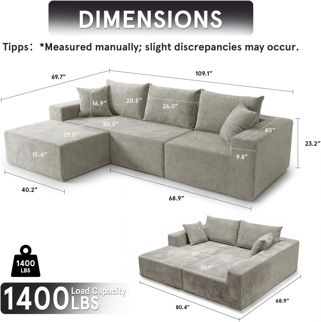 Sytopia 109' L-Shaped Cloud Couch, Modular Sectional Sofa with Deep Seat for Living Room Bedroom, Modern Floor Couch Chenille, Comfy Sleeper Futon Sofa Bed 40D Foam Furniture, Left Facing