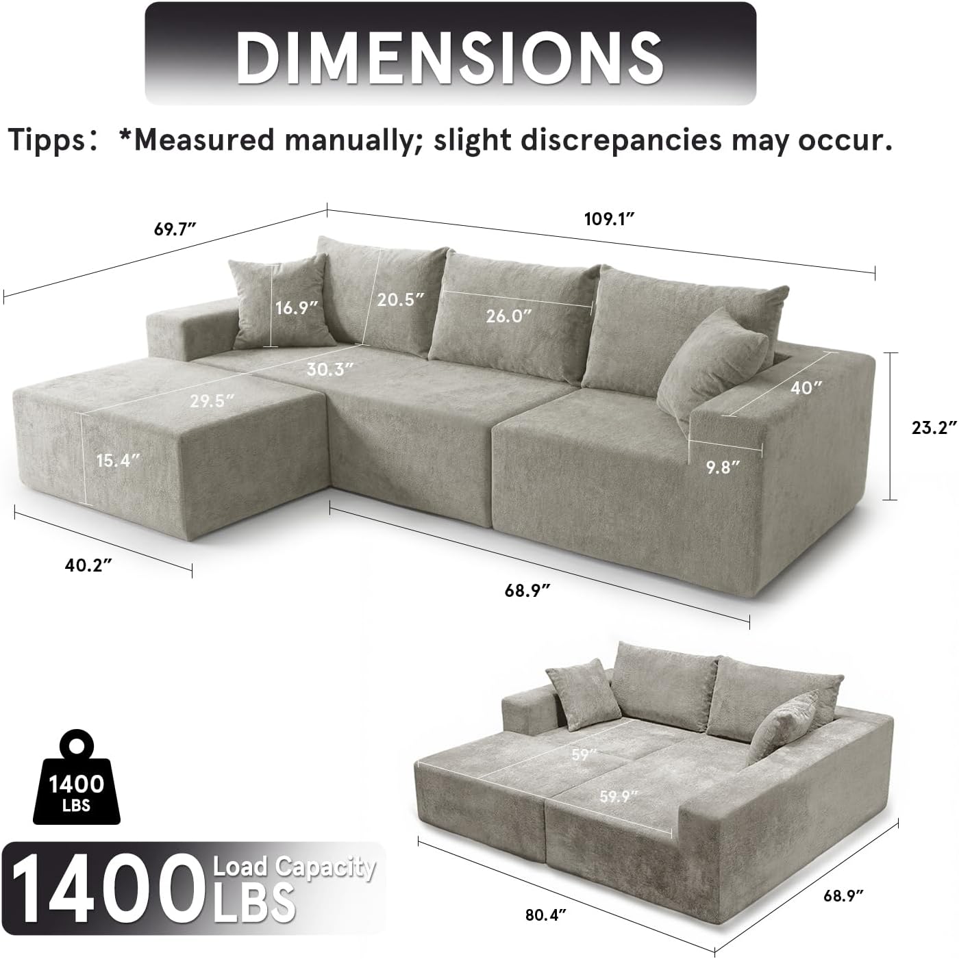 Sytopia 109' L-Shaped Cloud Couch, Modular Sectional Sofa with Deep Seat for Living Room Bedroom, Modern Floor Couch Chenille, Comfy Sleeper Futon Sofa Bed 40D Foam Furniture, Left Facing
