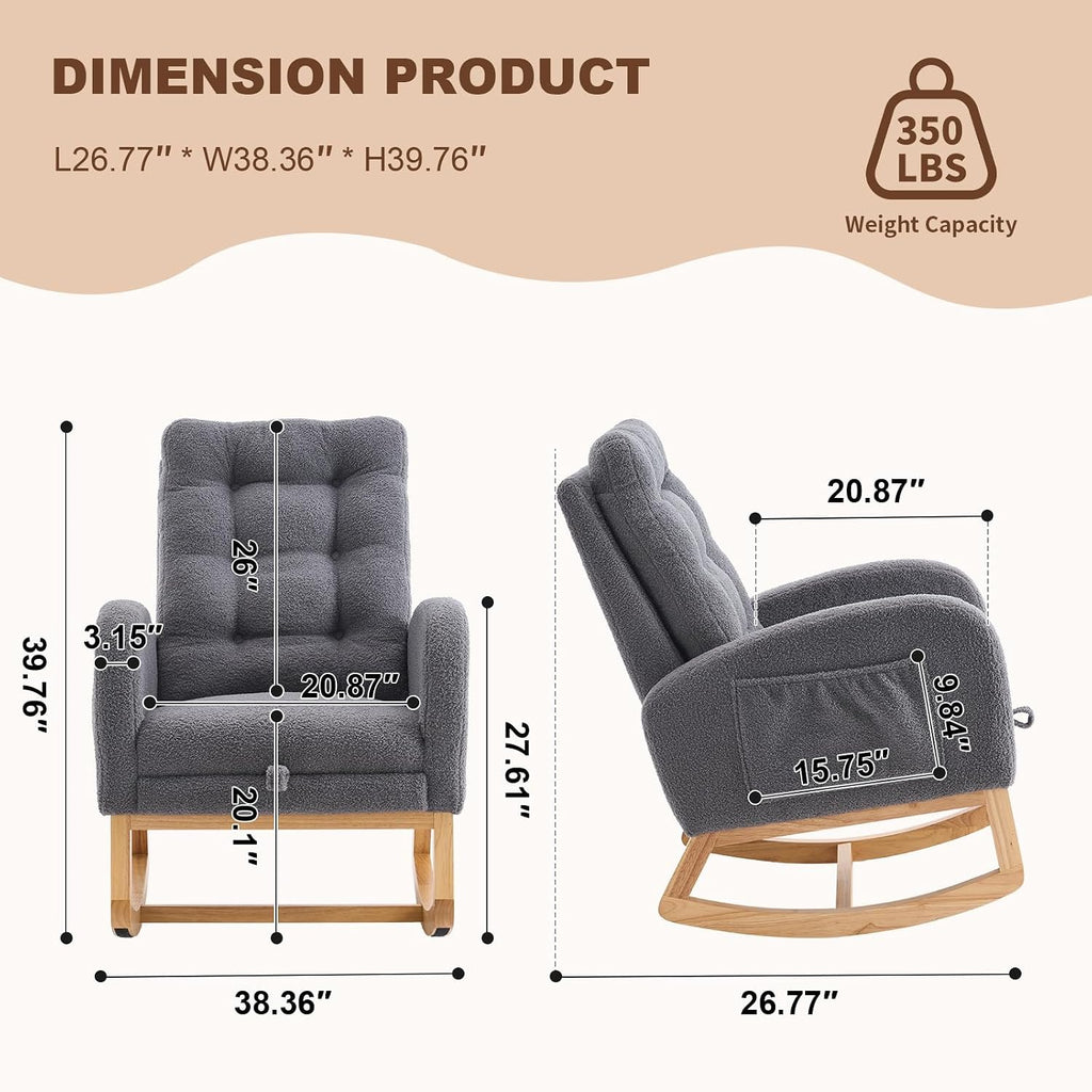 Nursery Rocking Chair,Rubber Wood Base Glider Rocking Chair with Adjustable Footrest and Side Pocket,Teddy Fleece Glider Rocker for Living Room, Bedroom (Teddy Fleece, Dark Gray)