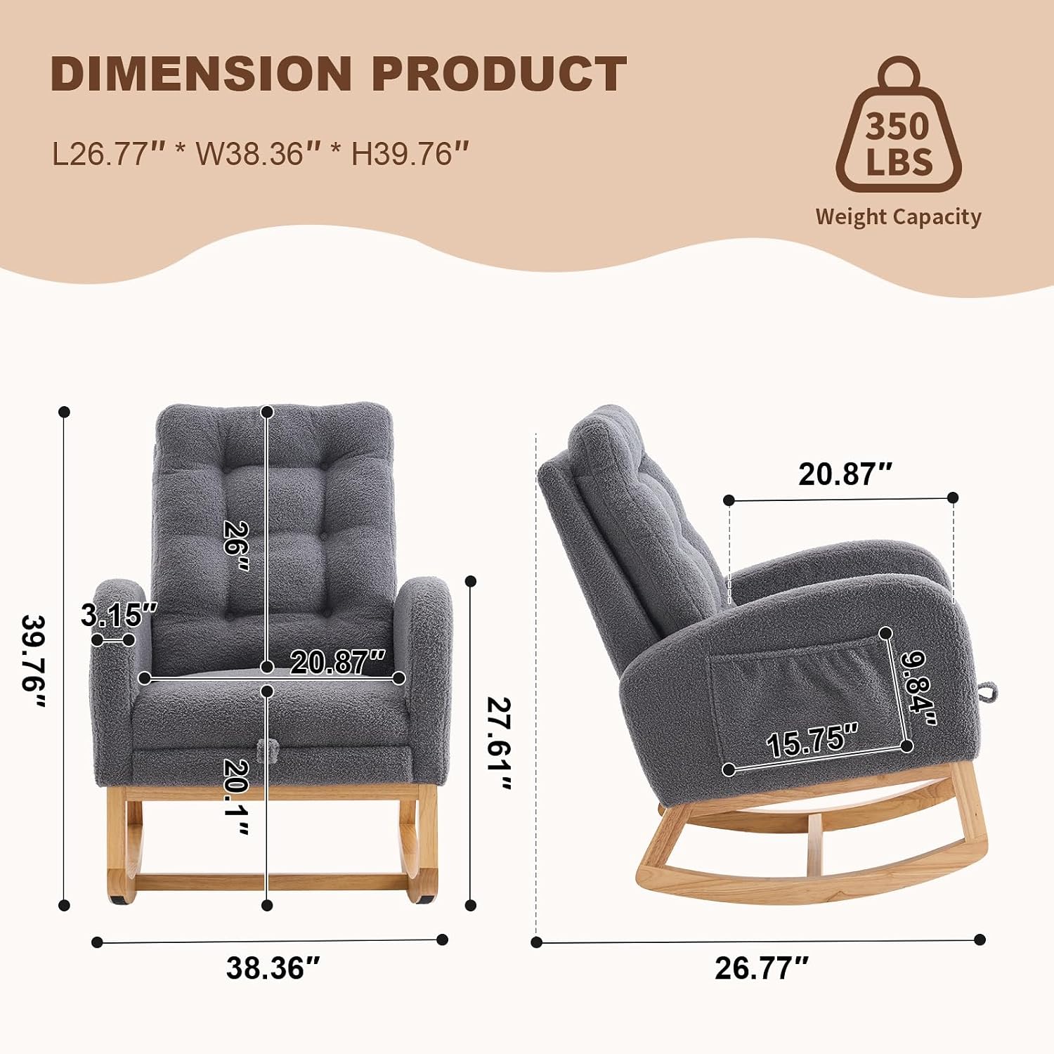 Nursery Rocking Chair,Rubber Wood Base Glider Rocking Chair with Adjustable Footrest and Side Pocket,Teddy Fleece Glider Rocker for Living Room, Bedroom (Teddy Fleece, Dark Gray)