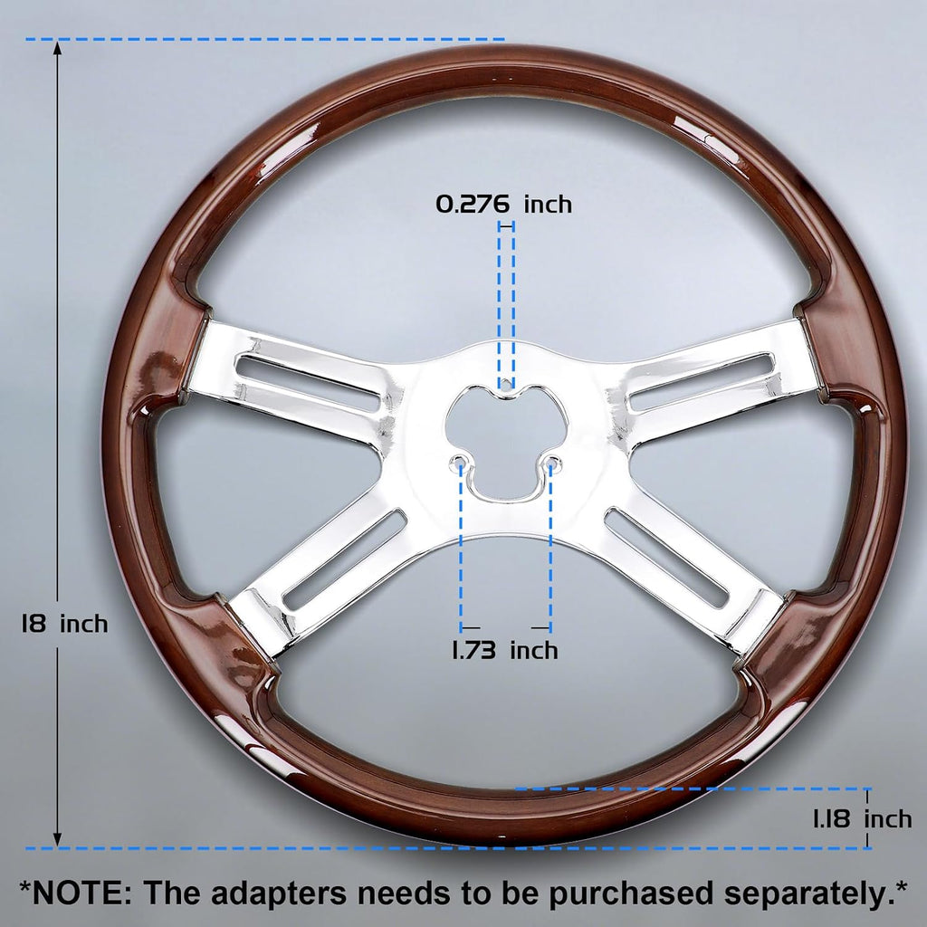 Sorghum 18' Solid Wood Steering Wheel - 4 Spokes Aluminum Chrome Classic Steering Wheel with Horn Button for Semi-Trailers Trucks Compatible with Mack Kenworth Peterbilt Volvo Freightliner