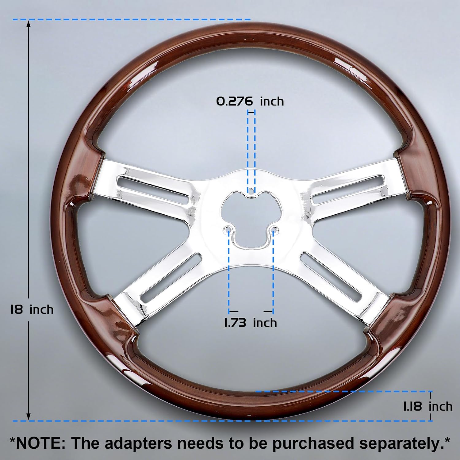 Sorghum 18' Solid Wood Steering Wheel - 4 Spokes Aluminum Chrome Classic Steering Wheel with Horn Button for Semi-Trailers Trucks Compatible with Mack Kenworth Peterbilt Volvo Freightliner