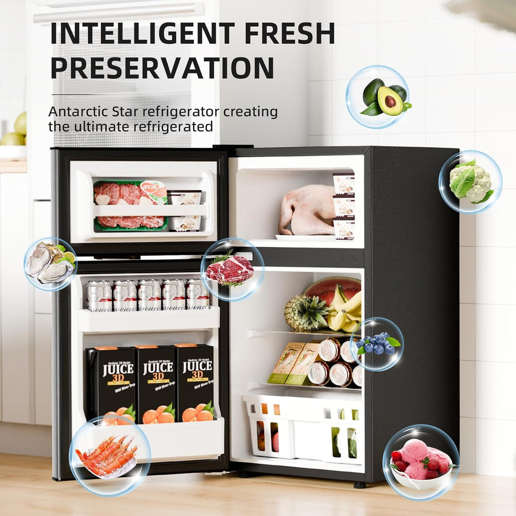 Antarctic Star Compact Refrigerator with Freezer,2 Door Mini Fridge,Adjustable Shelf,Adjustable Thermostat,for Bedroom,Office,Dorm,Kitchen,3.2 Cu.Ft.Silver