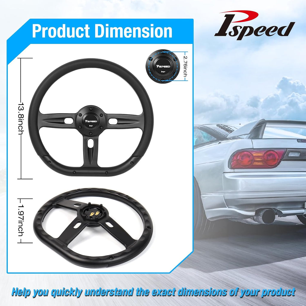 14 inch D-shaped steering wheel,6 Bolt 3 Spokes Deep Dish 50mm with Aluminum Alloy Matte Black Spokes Black Leather Grip for Cars, for Racing Car, Classic Car steering wheel
